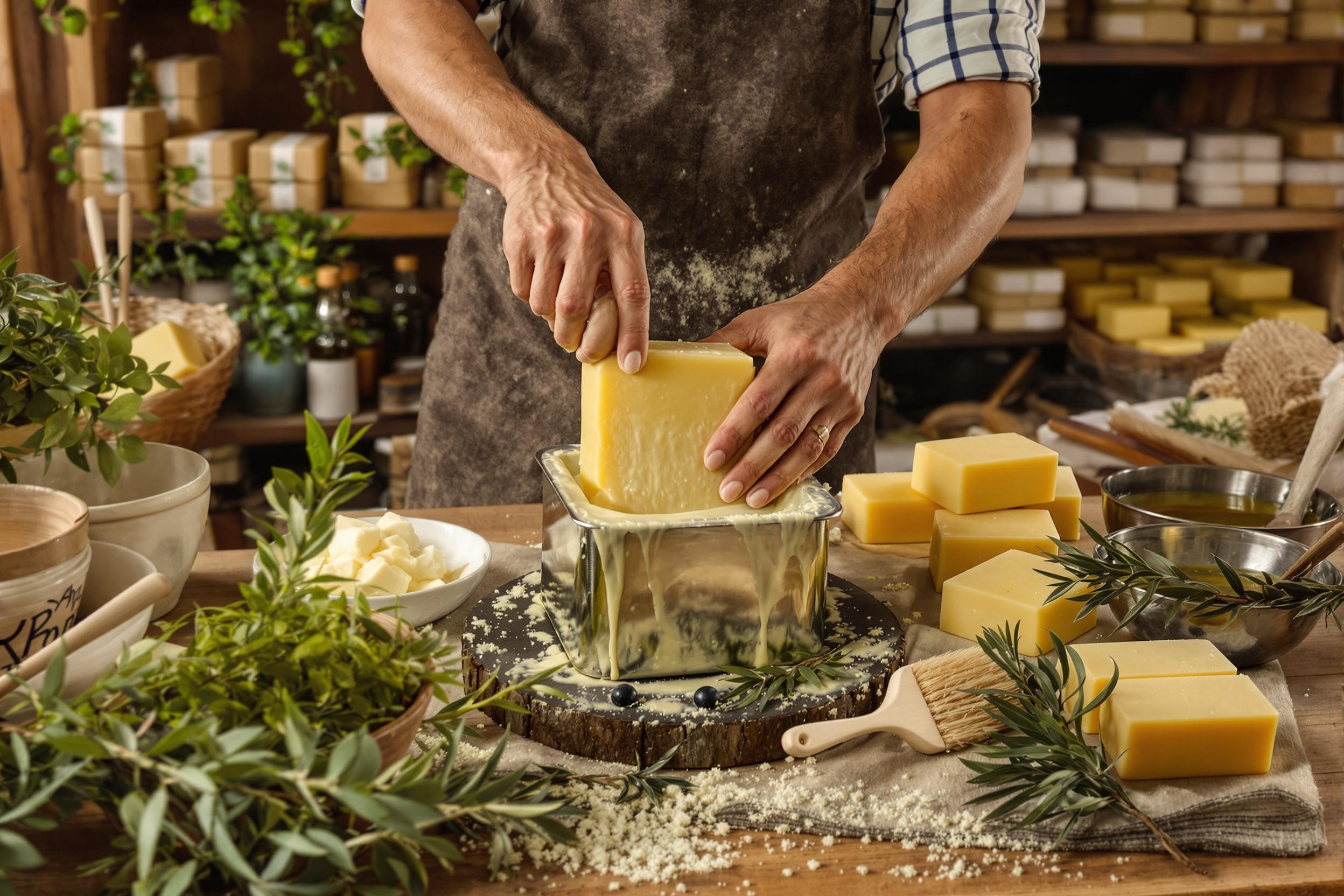 Atelier artisanal montrant la préparation d'un savon à l'huile d'olive